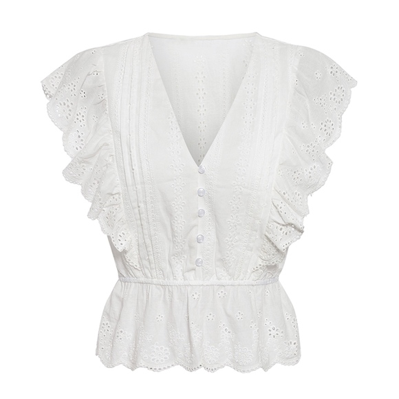 White Eyelet Ruffle Detail V-Neck Buttoned Top - Picture 6 of 8